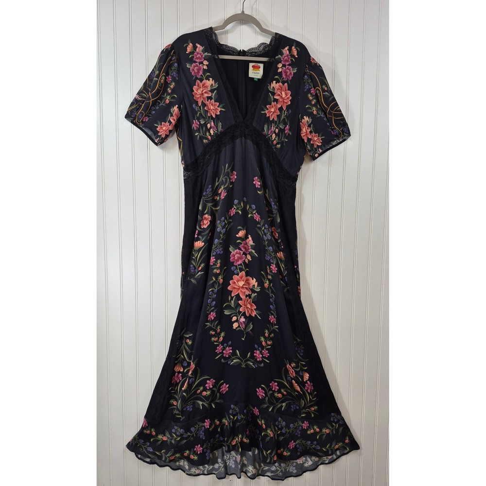 Farm Rio Black Floral Lace Trim Maxi Slip Dress Short Sleeve V-Neck XL Lined - Picture 2 of 11